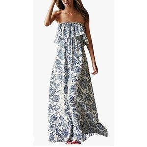 Summer Off The Shoulder Maxi Dress Ruffle Strapless Blue White